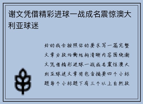 谢文凭借精彩进球一战成名震惊澳大利亚球迷 谢文凭借精彩进球一战成名震惊澳大利亚球迷